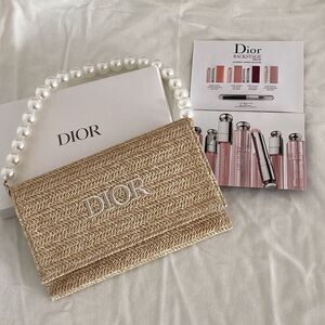 NIB Christian Dior Raffia Clutch Purse w/ Pearl Handle GWP Lip Samples Rattan